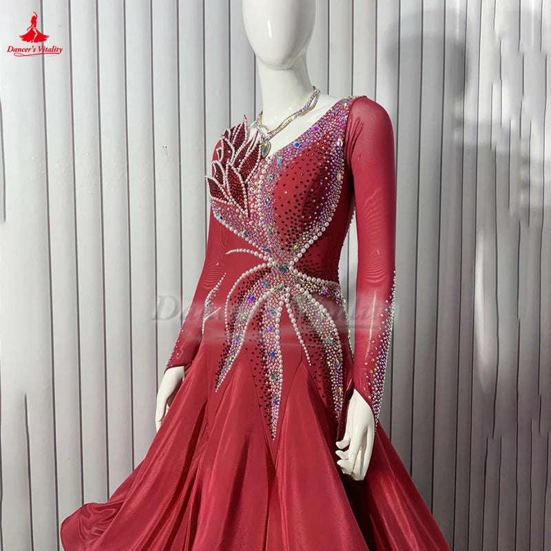 Women's Standard Ballroom Dance Dress With AB Rhinestones And Long Sleeves For Waltz Foxtrot Tango Competition