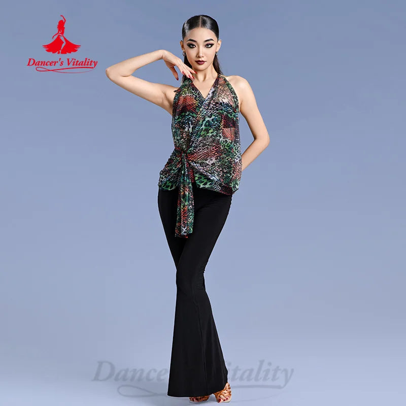 Latin Dance Dress Women's Black & Animal Print Fringe Halter Top, Sleeveless, Asymmetrical Hem, Polyester Blend, Rumba, Cha Cha, Samba