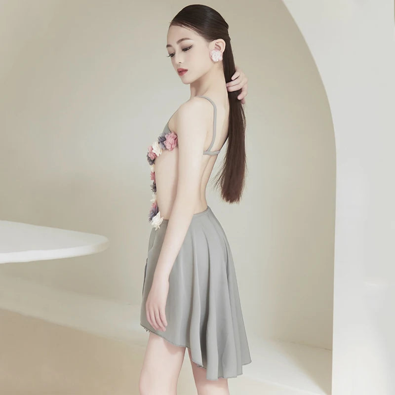 Latin Dance Dress Girls Grey Floral Fringe Asymmetrical Halterneck Spandex