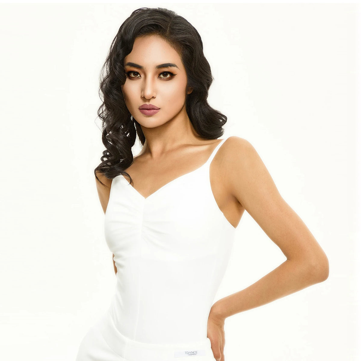 Women's White Lace & Solid Spandex V-Neck Camisole Bodysuit, Latin Ballroom Dance