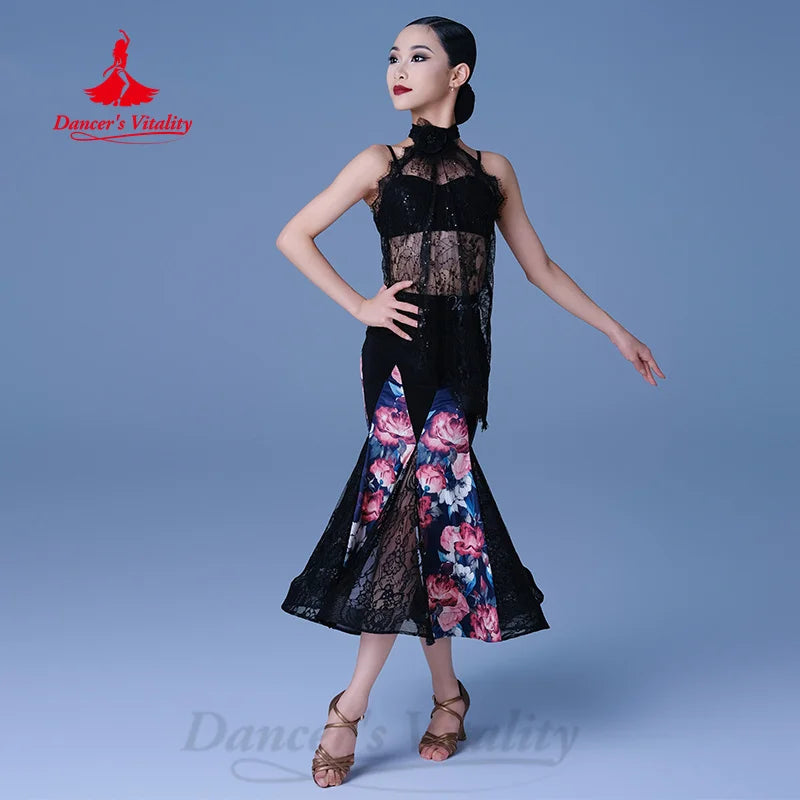 Girls Black Floral Lace Ballroom Dance Dress - High Neck, Sleeveless, Mermaid Skirt