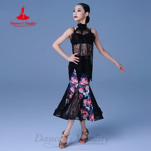 Girls Black Floral Lace Ballroom Dance Dress - High Neck, Sleeveless, Mermaid Skirt