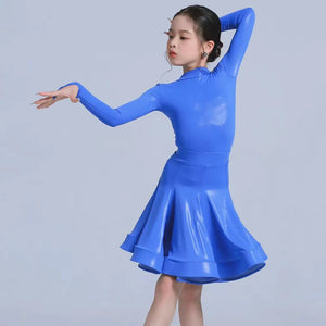 Kids Girls Latin Dance Dress, Short Sleeve Shiny Pleated Skirt Ballroom Salsa Rumba Dancewear