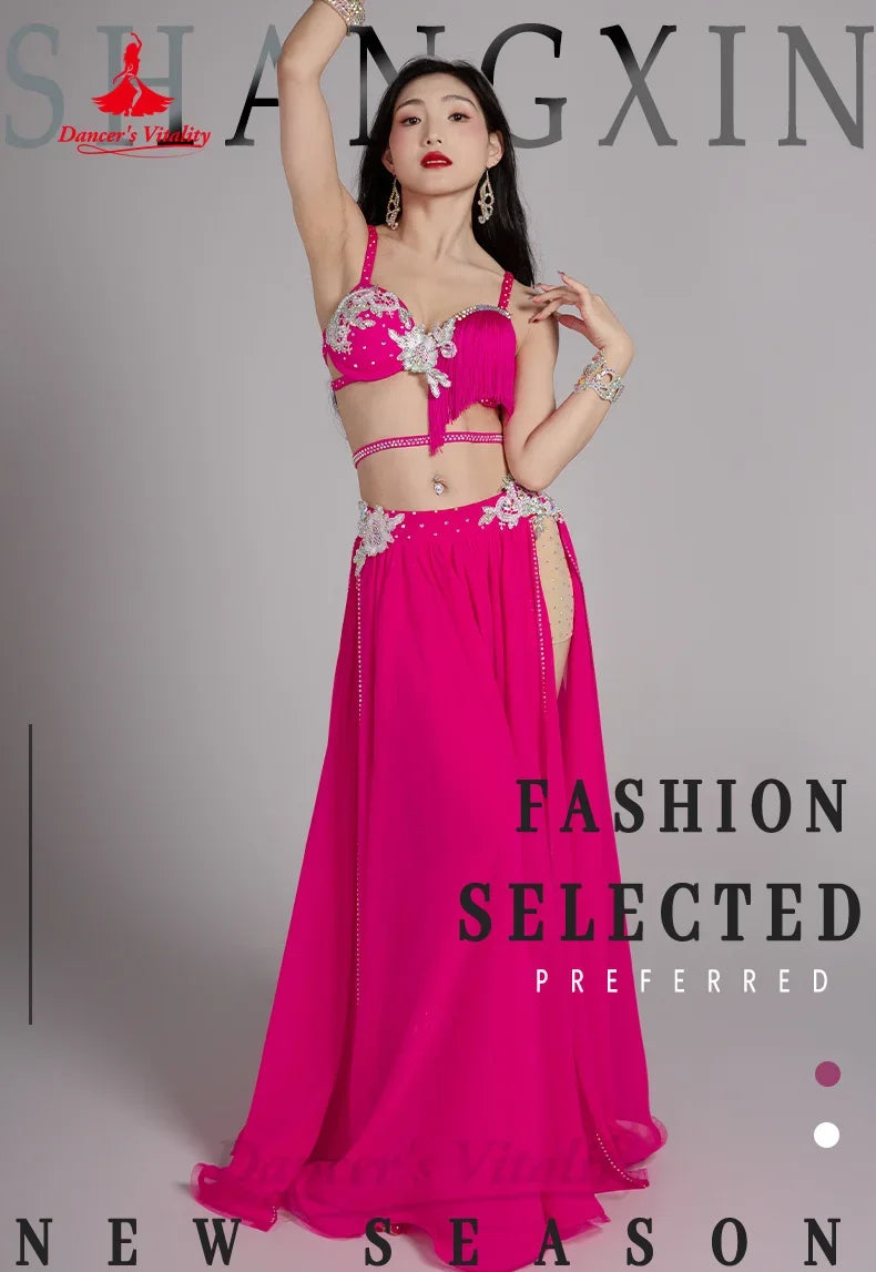 Belly Dance Costume for Women, Red Chiffon Sequin Embroidered Bra and Skirt Set, Professional Performance Outfit
