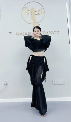 Women's Belly Dance Training Outfit With Long-Sleeve Top And Chiffon Lantern Pants