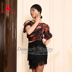 Women's Red Sequin Fringe Latin Dance Skirt with Fishnet Tights