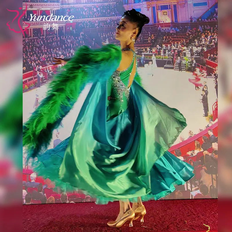 Women's Ballroom Competition Dance Dress With Feather Trim In Stretch Fabric For Performance