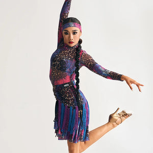 Women's Leopard Print Mesh Long Sleeve Bodysuit with Fringe Skirt Latin Dancewear