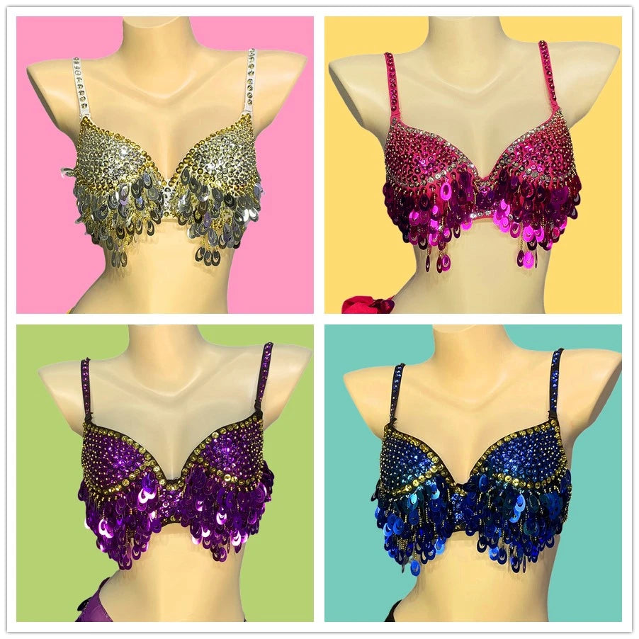 Belly Dance Bra Top, Women's Sequin & Bead Embellished Fringe Costume Top, Multiple Colors Available