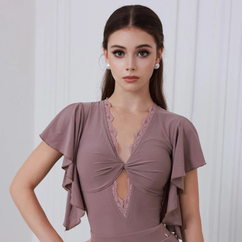 Women's Brown V-Neck Ruffle Sleeve Ruched Ballroom Dance Dress, Women's Black V-Neck Ruffle Sleeve Lace Pleated Hem Ballroom Dance Dress