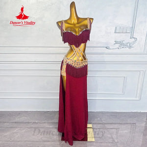 Latin Dance Dress Women's Maroon Fringe Rhinestone Cutout Performance Costume