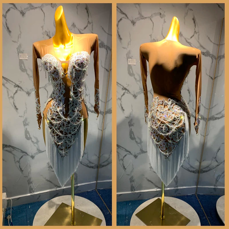 Women's White Nude Mesh Rhinestone Fringe Latin Rhythm Dance Dress