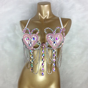 Rhinestone Heart Bra Top, Women's Red/Pink/Gold Embellished with Chains and Faux Pearls, Belly Dance/Carnival/Burlesque Costume Bra