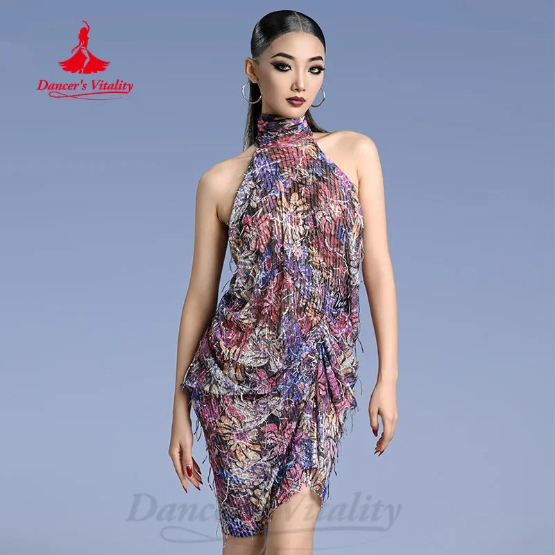 Ballroom Dance Dress Women's Multicolor Halter Neck Fringe Ruffle Latin Salsa Cha-Cha Rumba Performance Costume