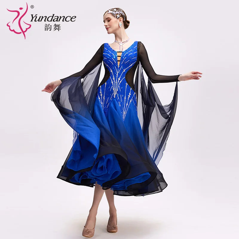 Women's International Standard Ballroom Dance Dress In Black-Blue Ombre Chiffon For Competition