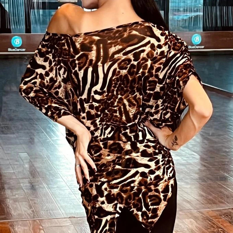 Women's Brown Leopard Print Off-Shoulder Batwing Sleeve Latin Dance Top