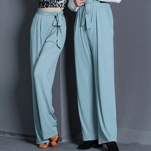 Dance Pants Women's Black High-Waisted Wide Leg Tie-Waist Ballroom Latin Dance Trousers
