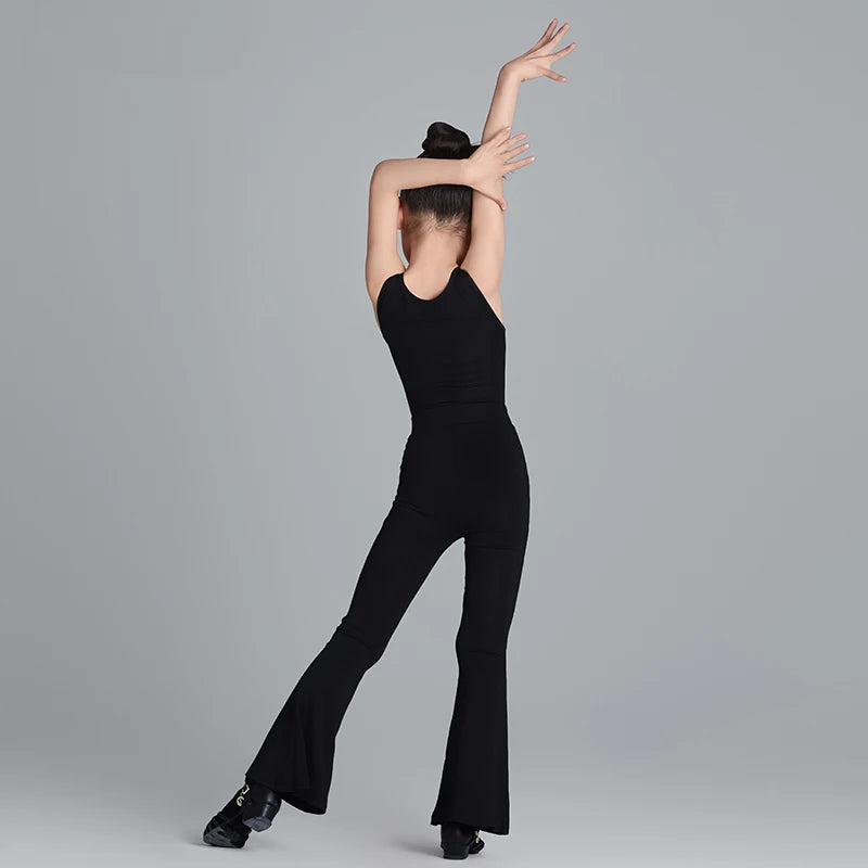 Girls Black Mesh Cutout Sleeveless Leotard Flared Dance Pants Set Latin Ballroom