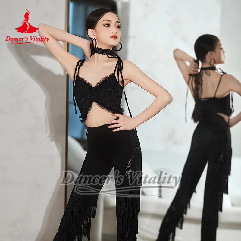 Women's White Lace Ruffled Crop Top Latin Dance Bra, Women's Black Sequin Lace Camisole Latin Dance Top