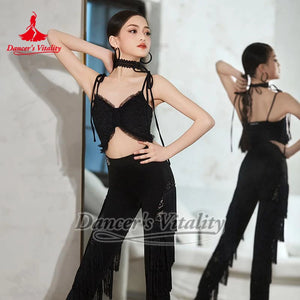 Women's White Lace Ruffled Crop Top Latin Dance Bra, Women's Black Sequin Lace Camisole Latin Dance Top