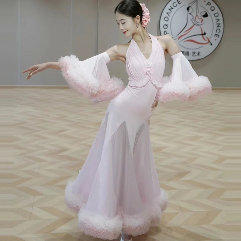 Women's Pink and Blue Halter Neck Ruffle Trim Ballroom Dance Dress