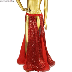 Belly Dance Women's Red Sequin Slit Skirt Chiffon Long Skirt with Elastic Waistband
