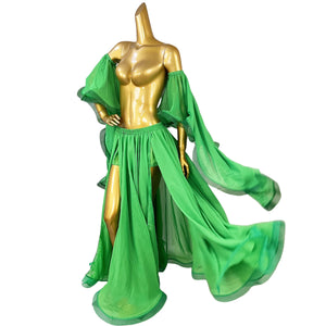 Belly Dance Costume, Women's Red Chiffon Long Sleeve Top and Slit Skirt Set, Performance Wear