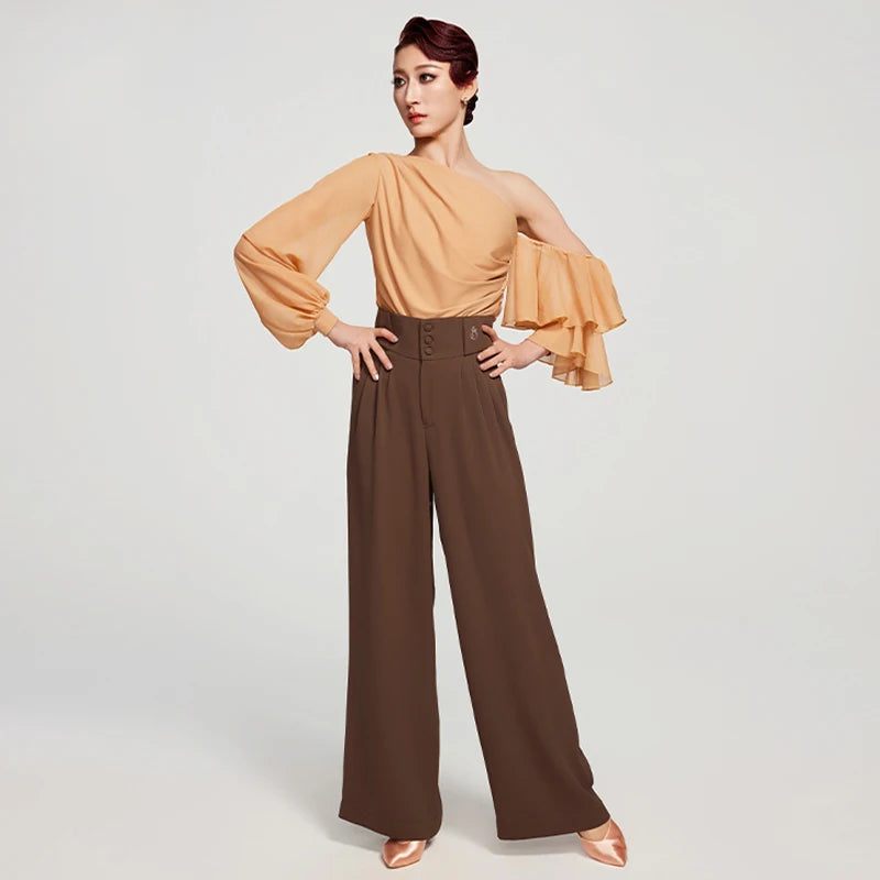 Women's Brown & Peach One-Shoulder Ruffle Sleeve Ballroom Dance Top & Pleated Wide-Leg Pants Set