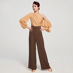 Women's Brown & Peach One-Shoulder Ruffle Sleeve Ballroom Dance Top & Pleated Wide-Leg Pants Set