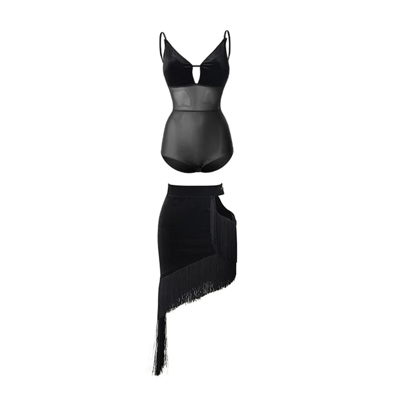 Women's Black Velvet Mesh Fringe Latin Dance Dress