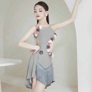 Latin Dance Dress Girls Grey Floral Fringe Asymmetrical Halterneck Spandex