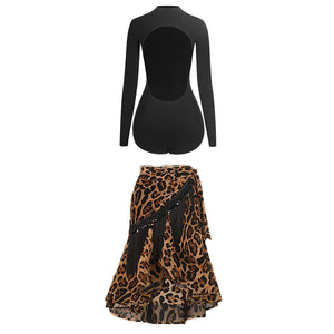Women's Black Long Sleeve Mock Neck Open Back Leotard with Ruffled Tassel Latin Dance Skirt