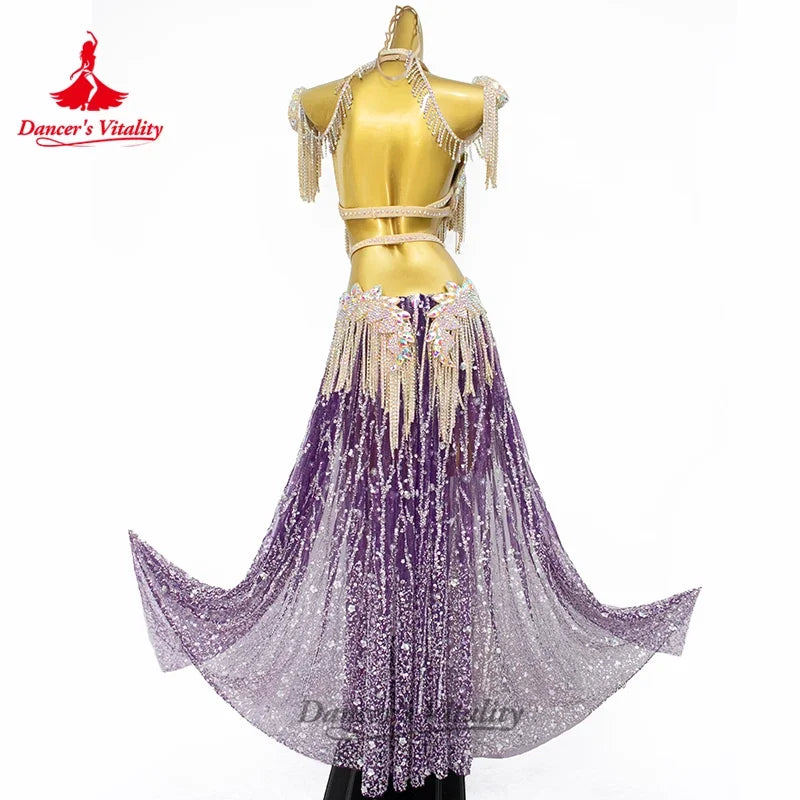 Women's Belly Dance Bra and Long Skirt Set With Sequin Tassels and AB Rhinestones For Competition