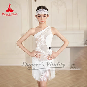 Latin Dance Dress, Girls Black One Shoulder Lace Fringe Velvet Ballroom Competition Costume