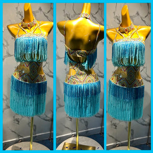 Women's Blue Fringe Rhinestone Cut-Out Latin Ballroom Dance Dress