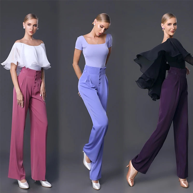 Women's White/Lavender/Black Off-Shoulder/Square Neck/Asymmetrical Ruffle Top with Pink/Lavender/Purple High-Waisted Wide-Leg Pants for Ballroom Dance