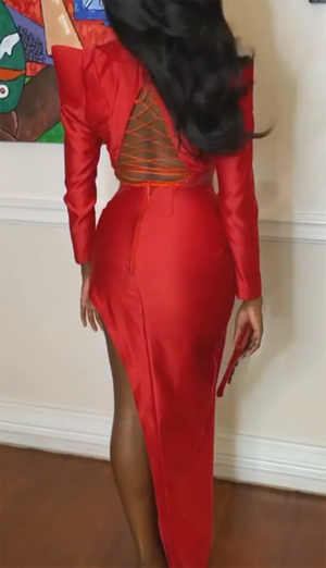 Women's Red Long-Sleeve V-Neck Dress with High Slit and Sheer Panel Details