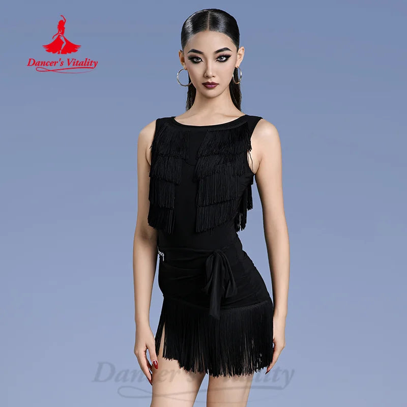 Women's Black Fringe Latin Dance Dress - Sleeveless Round Neck Mini Skirt with Tie Waist