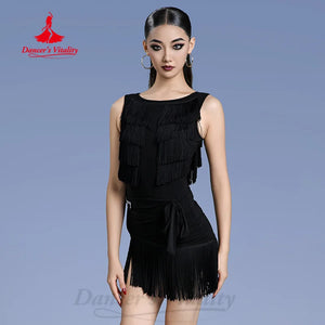 Women's Black Fringe Latin Dance Dress - Sleeveless Round Neck Mini Skirt with Tie Waist