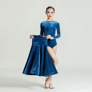 Girls' Velvet Long Sleeve Leotard & Skirt Set, Ballroom Latin Dance Costume
