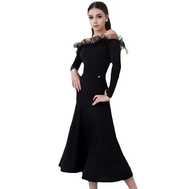 Ballroom Dance Dress Women's Black Off-Shoulder Ruffle Long Sleeve Mermaid Hem Standard Latin Performance Gown