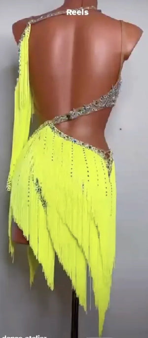 Latin Ballroom Dance Dress, Women's Neon Yellow Fringe and Rhinestone Halter Neck Performance Dress