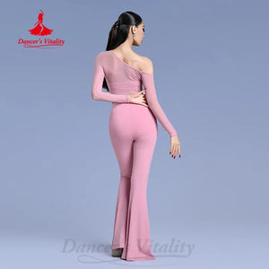 Women's Pink One-Shoulder Mesh Long Sleeve Cutout Embellished Latin Dance Jumpsuit with Flared Pants