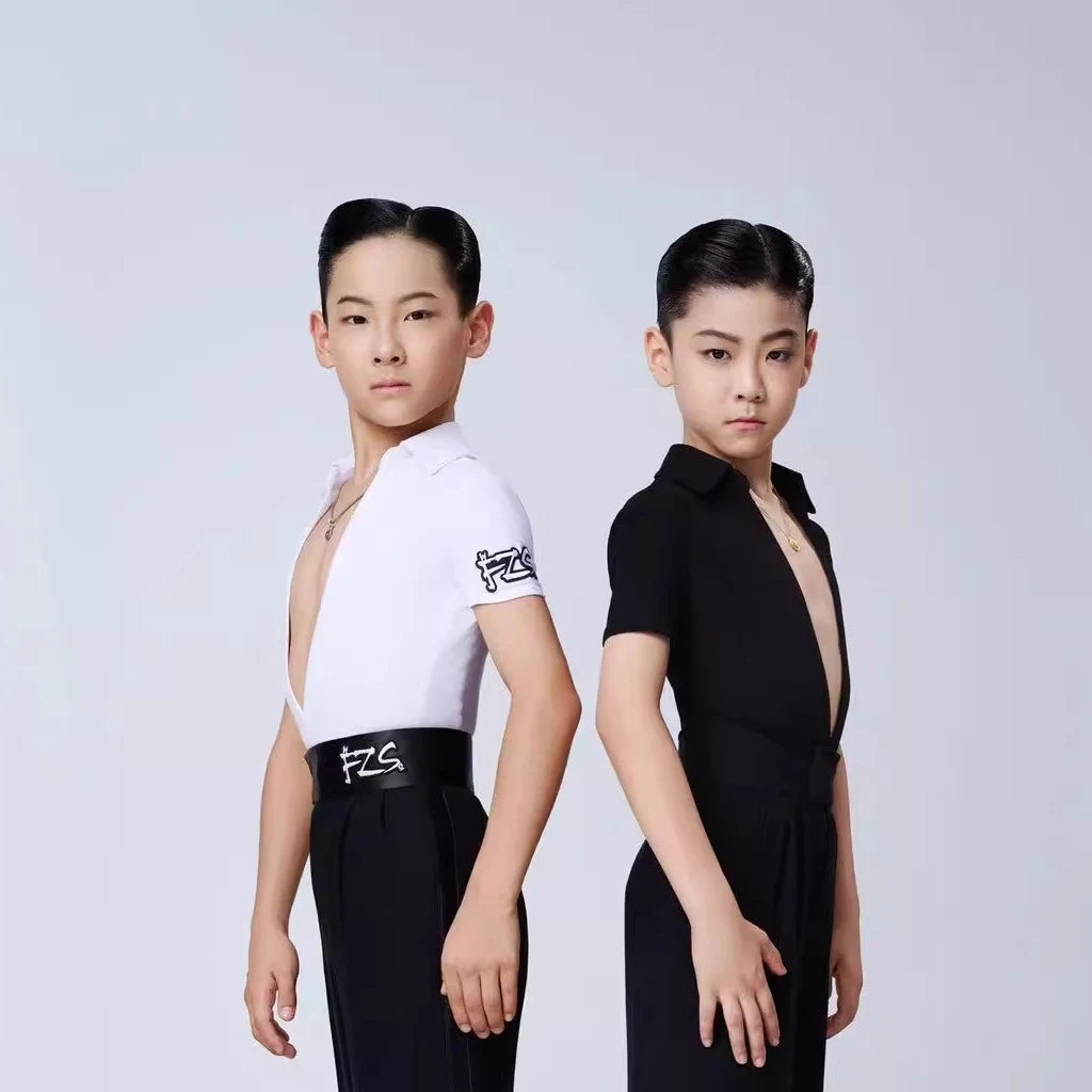 Boys' Black and White V-Neck Short Sleeve Ballroom Dance Shirts and Trousers Set