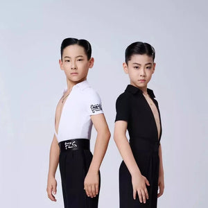 Boys' Black and White V-Neck Short Sleeve Ballroom Dance Shirts and Trousers Set