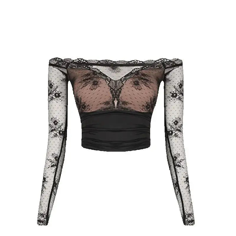 Women's Black Lace Off-Shoulder Crop Top & Satin Cutout Ruched Skirt Latin Dance Dress