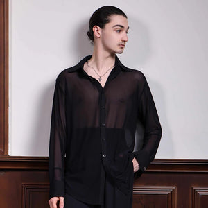 Men's Black Sheer Mesh Long Sleeve Button-Down Dance Shirt for Ballroom