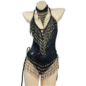 Women's Olive Green Beaded Sequin Halter Neck Fringe Latin Dance Leotard
