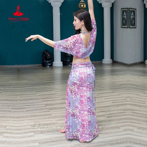 Belly Dance Costume Women's Floral Print Chiffon Crop Top and Skirt Set, Flowy Short Sleeve, V-Neck, Adjustable Skirt, Performance Wear