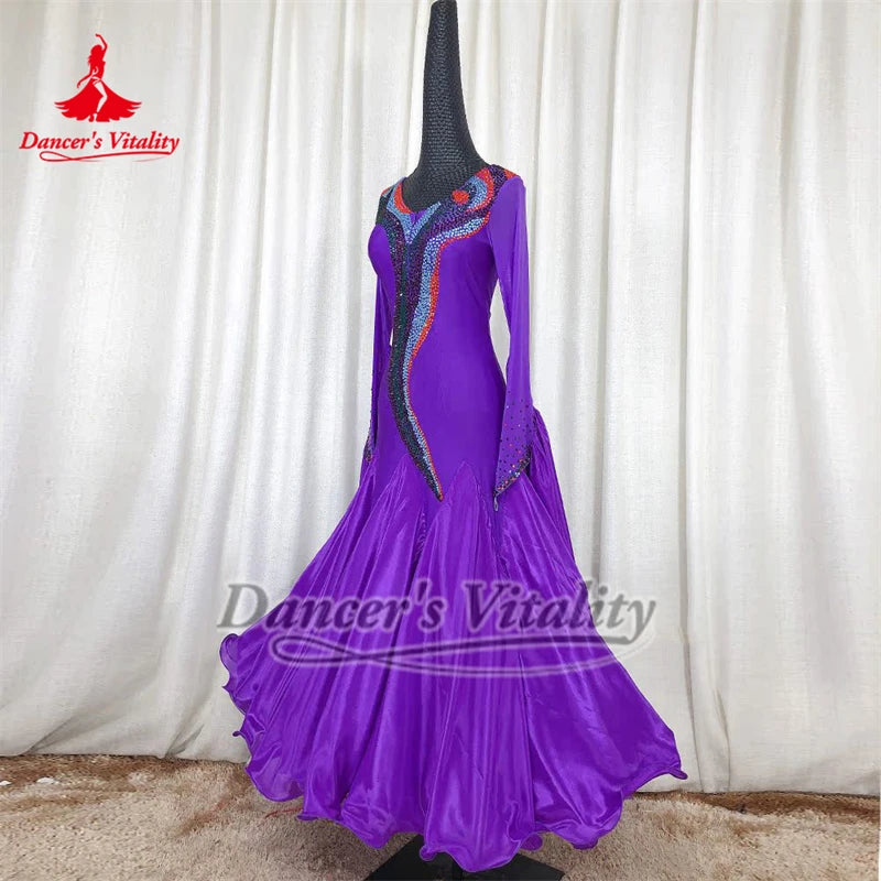 Women's Purple Ballroom Dance Dress with Long Sleeves and Embellished Bodice